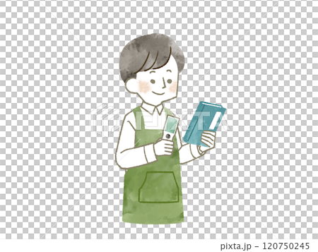 本とハンディターミナルを持っているエプロンを着用した男性-水彩 本とハンディターミナルを持っているエプロンを着用した男性-水彩 120750245