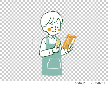 本とハンディターミナルを持っているエプロンを着用した男性-4色 本とハンディターミナルを持っているエプロンを着用した男性-4色 120750254