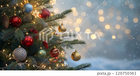 Decorated Christmas tree adorned with ornaments and lights during snowfall Decorated Christmas tree adorned with ornaments and lights during snowfall 120750361