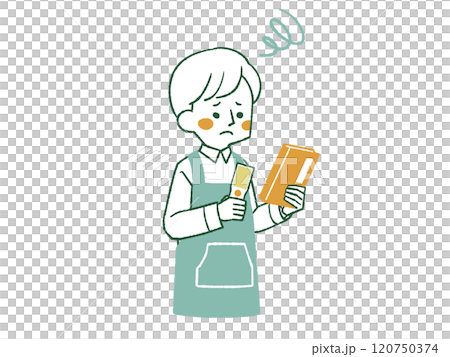 困った表情で本とハンディターミナルを持っているエプロンを着用した男性-4色 困った表情で本とハンディターミナルを持っているエプロンを着用した男性-4色 120750374