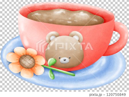 Brown bear coffee cup on a coaster with sunflowers Brown bear coffee cup on a coaster with sunflowers 120750849