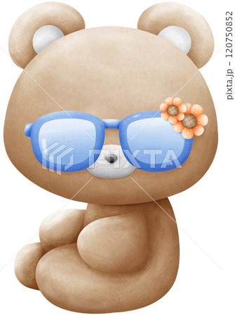 Brown bear wearing blue sunglasses with sunflower pattern Brown bear wearing blue sunglasses with sunflower pattern 120750852