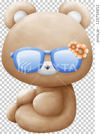 Brown bear wearing blue sunglasses with sunflower pattern Brown bear wearing blue sunglasses with sunflower pattern 120750852
