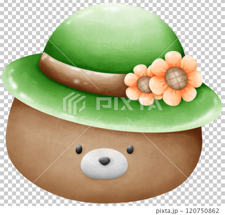 Bear wearing a green hat decorated with sunflowers Bear wearing a green hat decorated with sunflowers 120750862