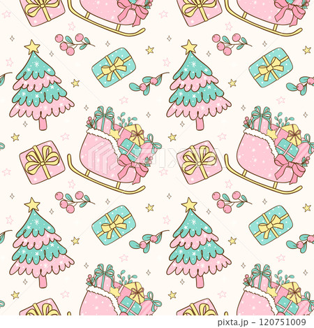 Cute Pink and Mint Green Coquette Christmas seamless pattern doodle hand drawn isolated on background 120751009