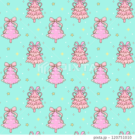 Cute Pink and Mint Green Coquette Christmas Tree seamless pattern doodle hand drawn isolated on background 120751010