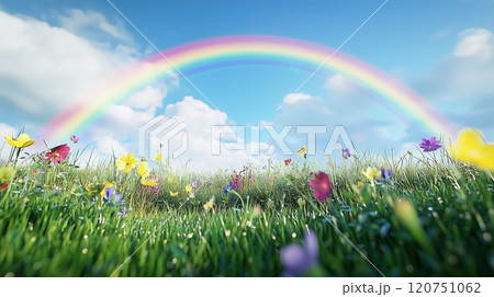 美しい虹と野花が広がる青空の風景 - 幸福感と自然の癒しを感じる高解像度イメージ 美しい虹と野花が広がる青空の風景 - 幸福感と自然の癒しを感じる高解像度イメージ 120751062