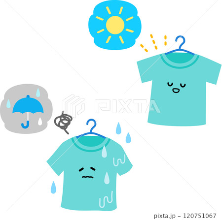 晴天で乾いた洗濯物と雨天で乾かない洗濯物 120751067