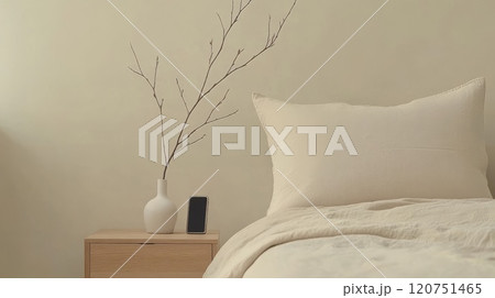 ふわふわの枕とスマホが置かれたベッドルーム ふわふわの枕とスマホが置かれたベッドルーム 120751465