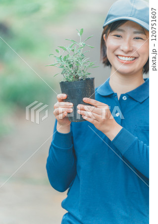 花苗を持つ花農家の女性 120751607
