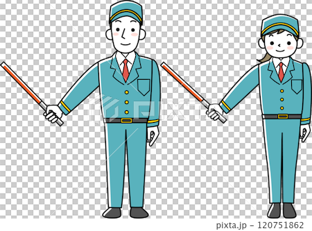 Female and male security guards holding exit lights 120751862