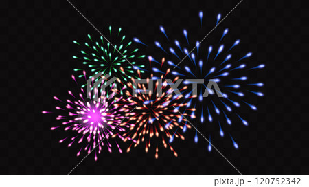 Firework festive color sparkle and twinkle on a transparent background. Holiday Wedding Festival Design for Birthday Card Poster advertising. Vector 120752342