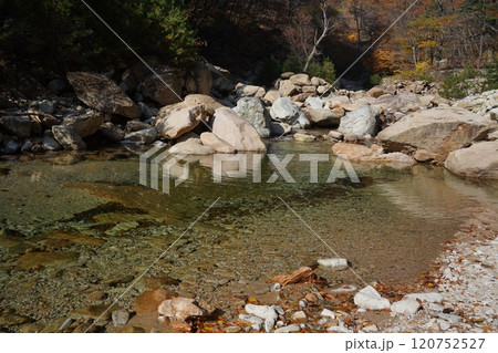 Autumn landscape with a mountain river and rocks in the foreground Autumn landscape with a mountain river and rocks in the foreground 120752527
