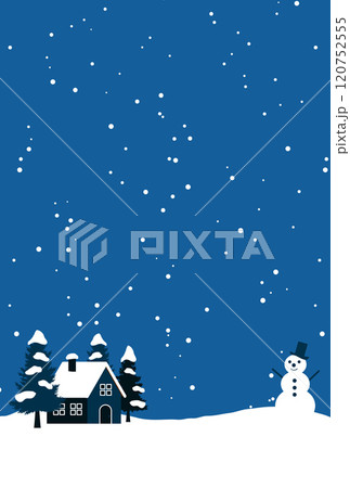 山小屋のある雪山背景、冬、イラスト、かわいい、縦、ポストカード、寒中見舞い 120752555