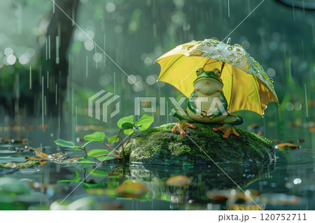 A little green frog sitting on a mossy rock in a summer pond and holding an umbrella in the rain. A little green frog sitting on a mossy rock in a summer pond and holding an umbrella in the rain. 120752711