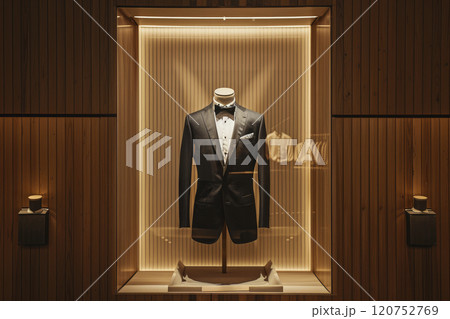 Luxury suit in a showcase. Clothing modern shop-window. Luxury suit in a showcase. Clothing modern shop-window. 120752769