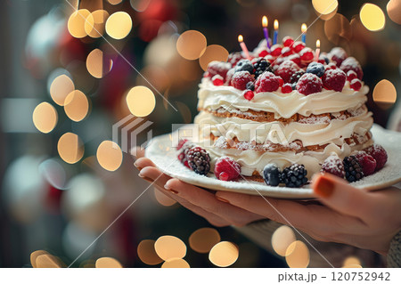Woman holding cake with birthday candles. 120752942