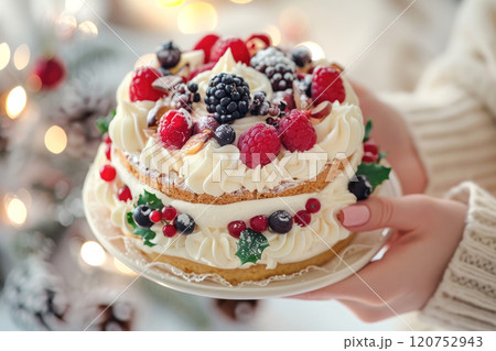 Woman holding Christmas fruit cake. Celebrates holiday at home. 120752943