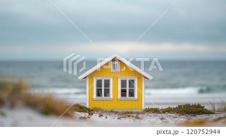 A little yellow house on the beach. Dream life concept. 120752944