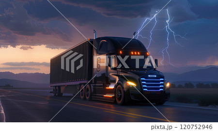 Black semi truck driving on a country highway with dramatic stormy sky and lightning in the background. 120752946