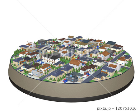 家　住宅　街　CG ジオラマ　ピザみたい　街並み　円テーブル　背景 120753016