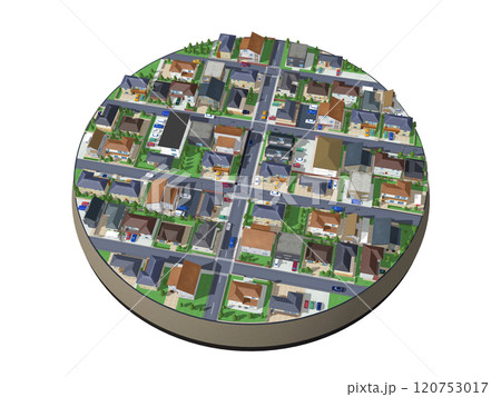 家　住宅　街　CG ジオラマ　ピザみたい　街並み　円テーブル　背景 120753017