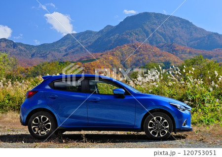秋山郷 山々の紅葉とススキを背にブルーの車が引き立つ 120753051