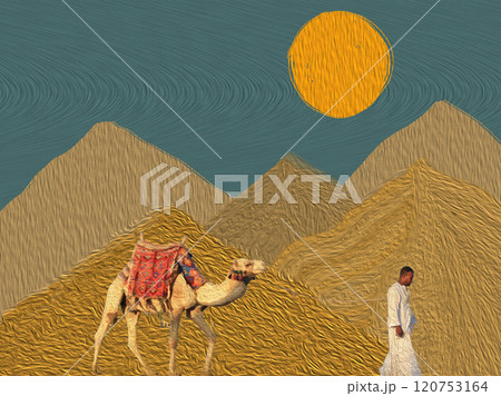 Camel rider, nomad in dessert. Hills, mountains at summer daytime. Bright yellow sun high in a blue sky. Eastern travel concept. Collage artwork. 120753164