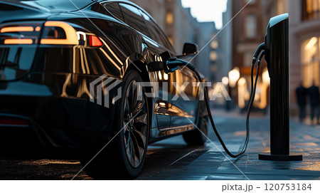 Black electric car on a charging station on the urban city street. EV charger handle plugged in, connected to electric automobile Eco-friendly vehicle 120753184