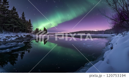幻想的なオーロラと雪景色の鏡面湖 - 高解像度で北極圏の夜を描いた壮麗な風景 120753194
