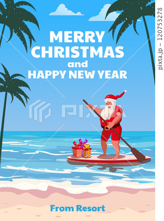 Merry Christmas Santa Claus on paddle board with gifts on the resort tropical Merry Christmas Santa Claus on paddle board with gifts on the resort tropical 120753278