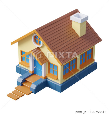 Aerial view of cute cartoon style colorful tiny house 3d render 120753312