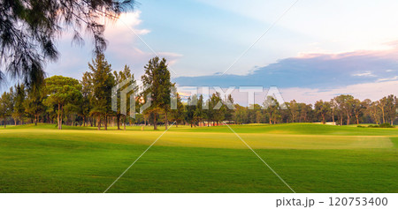 A panoramic golf course with lush greenery and tranquil surroundings, illuminated by the gentle hues of an evening sky. 120753400