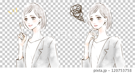 ビジネスパーソンのイラストセット　質問　解決　指差しポーズ 120753758