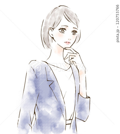 顎に手を当てて考える女性のイラスト　仕事　会議　ハラスメント 120753766