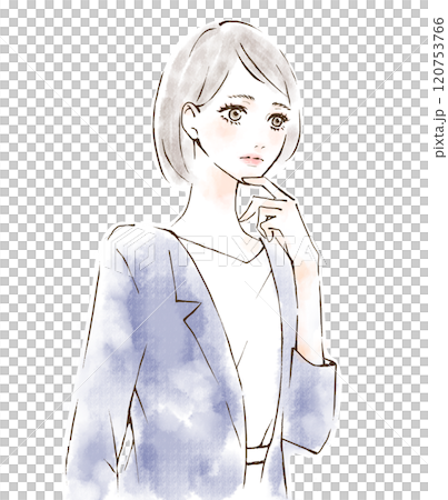 顎に手を当てて考える女性のイラスト　仕事　会議　ハラスメント 120753766