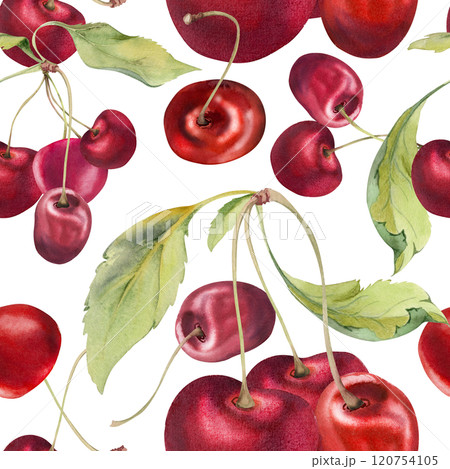 Sweet sour red cerise cherry with green leaves, hand drawn in watercolor, garden berry in clusters on branches. Seamless pattern wallpaper illustration. Restaurant, cafe menu, wedding, farmers market. 120754105