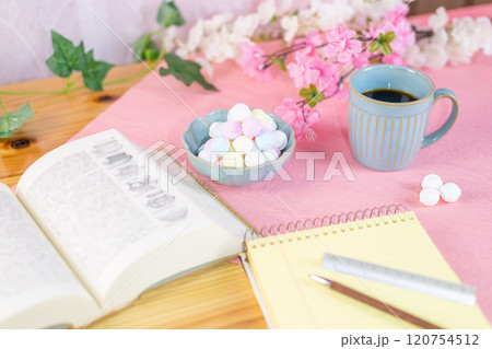 勉強用に準備された山盛りのラムネと眠気覚まし用のコーヒー 勉強用に準備された山盛りのラムネと眠気覚まし用のコーヒー 120754512