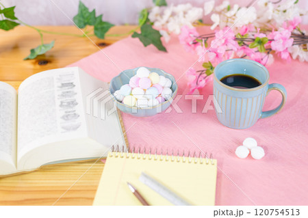 勉強用に準備された山盛りのラムネと眠気覚まし用のコーヒー 120754513