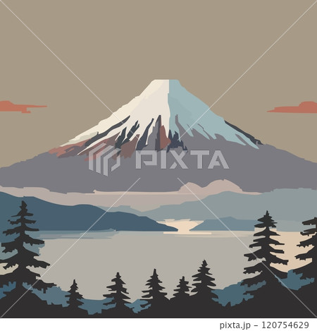 雪を頂いた山頂と森 - 日本風のアートワーク のベクターイラスト 雪を頂いた山頂と森 - 日本風のアートワーク のベクターイラスト 120754629