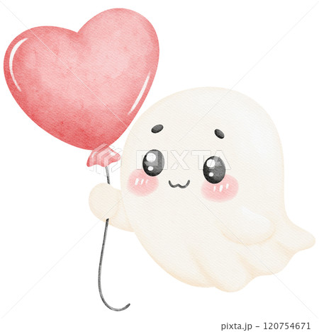Valentine ghost illustration featuring a heart-shaped balloon, ideal for romantic or holiday designs. Cute and lovable character artwork to enhance your creative projects. Valentine ghost illustration featuring a heart-shaped balloon, ideal for romantic or holiday designs. Cute and lovable character artwork to enhance your creative projects. 120754671