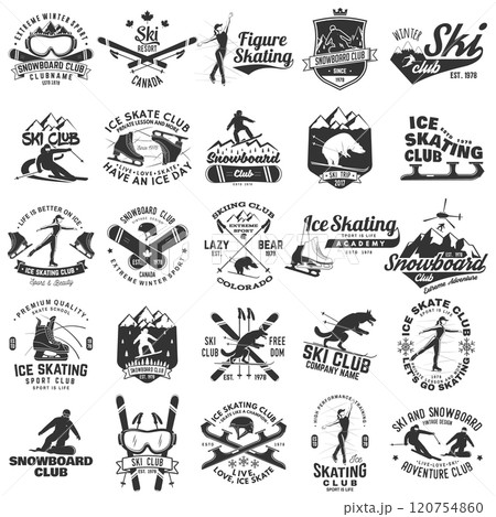Ski, Ice Skate and Snowboard Club emblem. Vector. Concept for shirt, print, stamp, badge or tee. Vintage typography design with snowboarder, skate, skates blades and skier silhouette. Winter sport Ski, Ice Skate and Snowboard Club emblem. Vector. Concept for shirt, print, stamp, badge or tee. Vintage typography design with snowboarder, skate, skates blades and skier silhouette. Winter sport 120754860