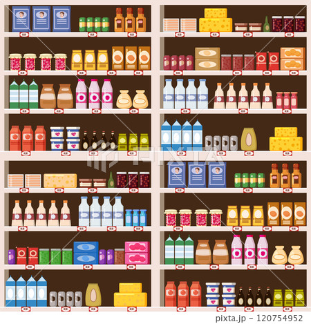 Seamless pattern supermarket shelves with assortment goods Seamless pattern supermarket shelves with assortment goods 120754952