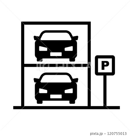 立体駐車場とパーキングサインのシルエット 120755013