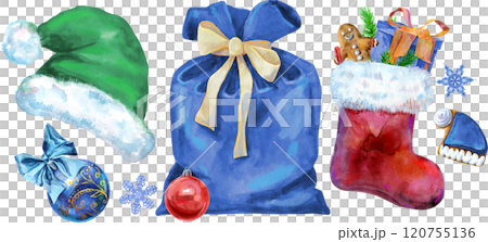 Christmas Santa hat, bag, ball and sock for gift, watercolor illustration 120755136