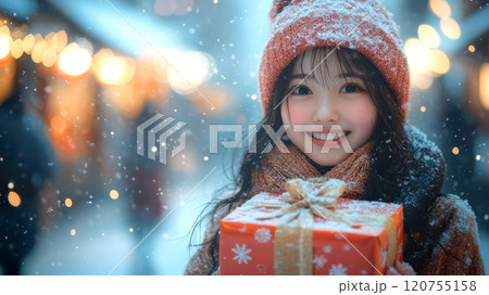 雪の降る中、クリスマスプレゼントを持って喜ぶ女の子 120755158