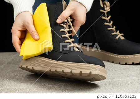 Shoe Care, Woman Wiping Cloth Surface Of Leather Shoe. Shoe Care, Woman Wiping Cloth Surface Of Leather Shoe. 120755225