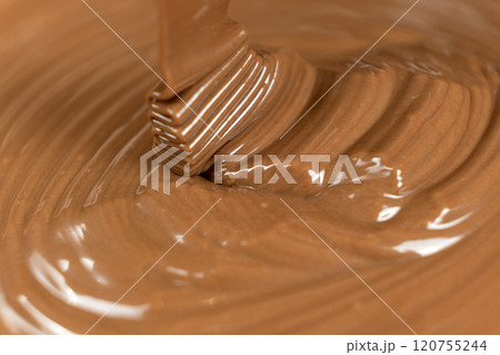 Flow of melted milk liquid chocolate, close-up. Flow of melted milk liquid chocolate, close-up. 120755244
