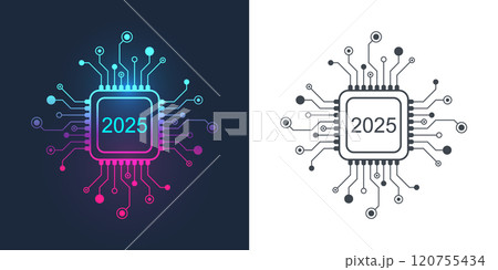 Happy New Year 2025 text design on the chip, component, microchip, semiconductor, circuit board, processor, CPU. Tech digital banner template. 120755434