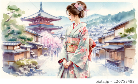 着物を着た女性の水彩画 着物を着た女性の水彩画 120755488